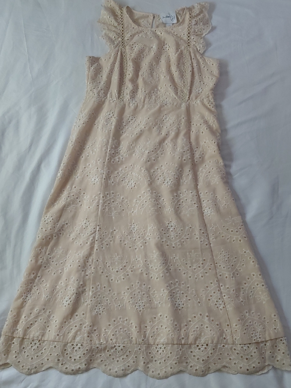 Sam Edelman Beige White Ruffle Sleeve Eyelit Midi Dress Womens 14 (L)